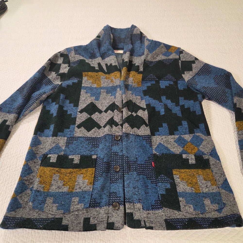 Levi Strauss Mens XL Southwestern Geometric Shawl Collar Cardigan Blue 3LGLK1822